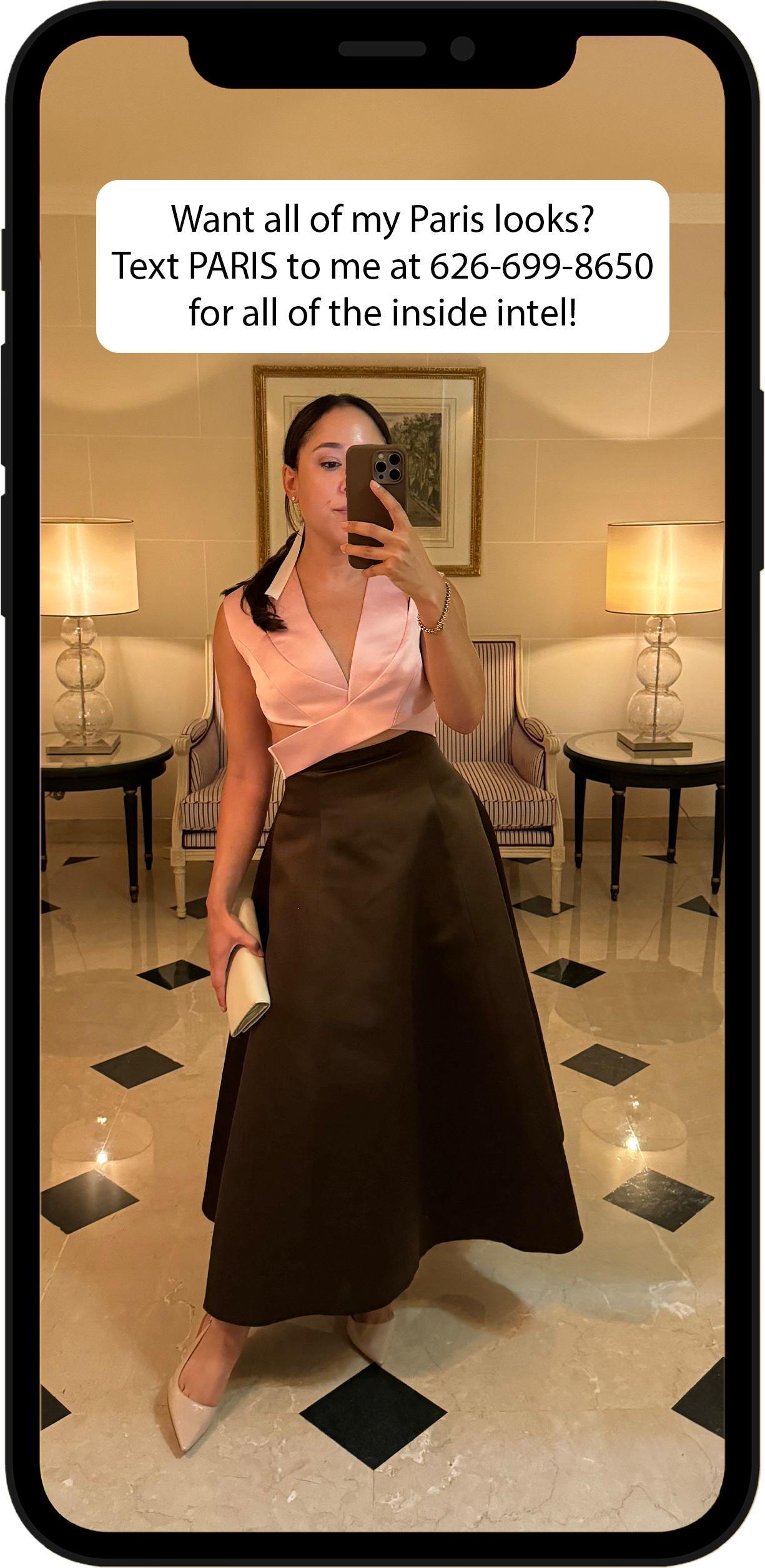 Smartphone with influencer content prompting followers to text for outfit details