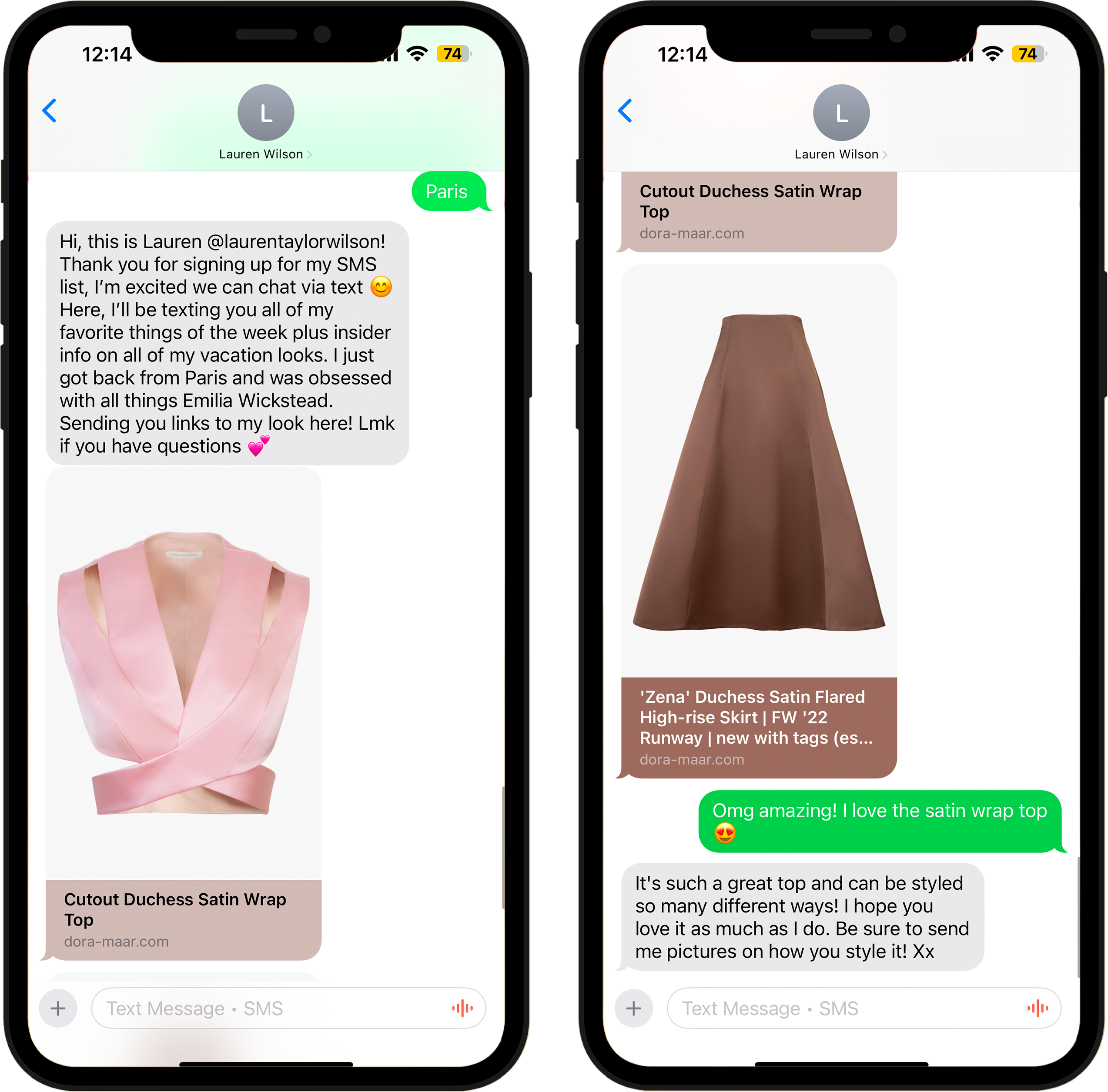 Smartphone with text messages showing example messages of customer interaction with Fluency